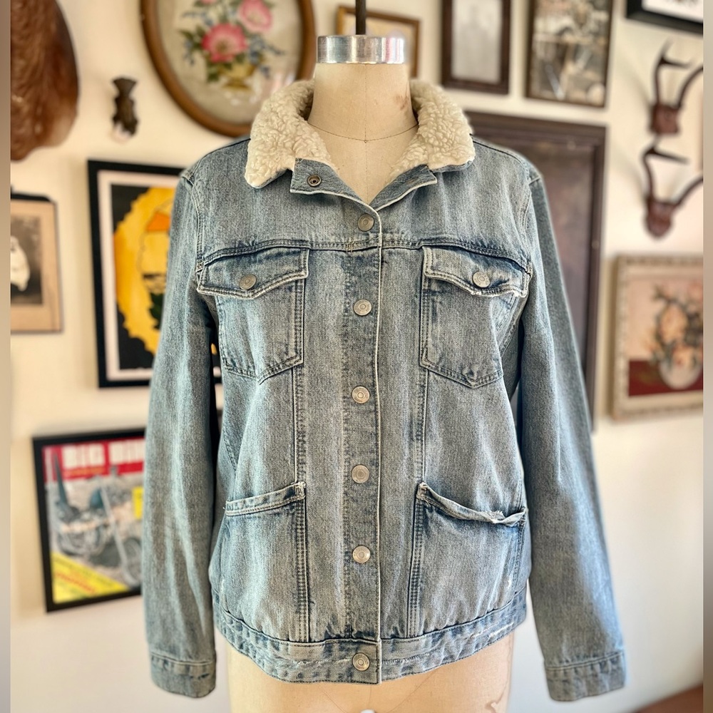 Topshop Shearling Denim Distressed Jacket Retro Style